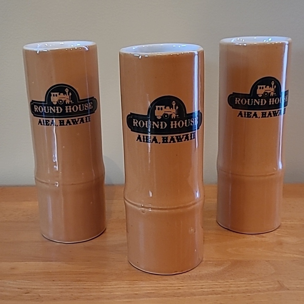 VINTAGE Round House Restaurant Aiea Hawaii Ceramic Bamboo Tiki Mugs - Picture 3 of 16